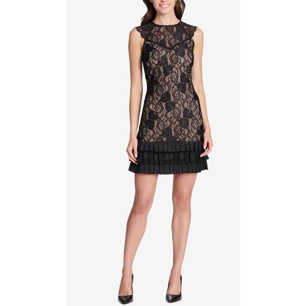 Kensie Women's Black Pleated Ruffled-Hem Lace A-Line Dress Size 6 - Picture 2 of 4